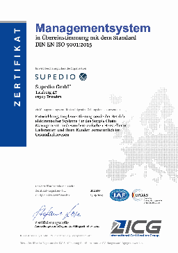 Zertifikat der erfolgreichen Zertifizierung des Qualitätsmanagementsystems nach ISO 9001:2015
